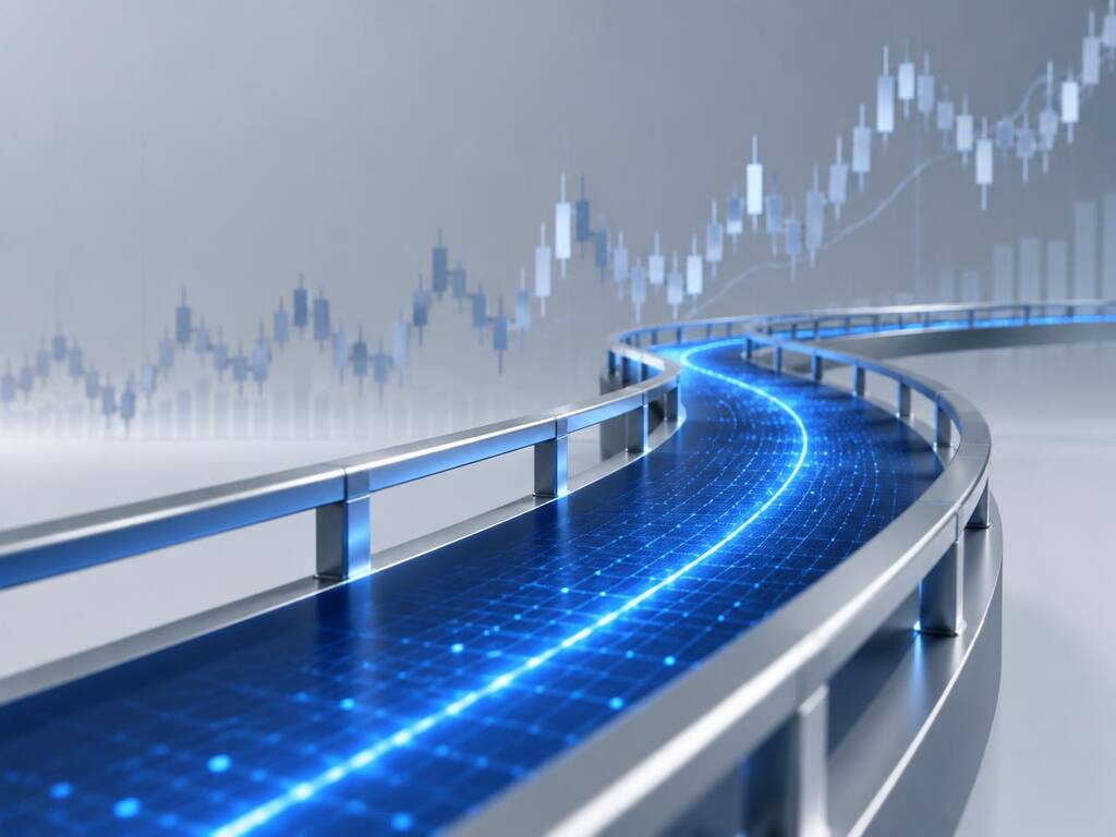 Norden Core risk guardrails illustrated as a glowing data pathway bounded by rails over a market chart